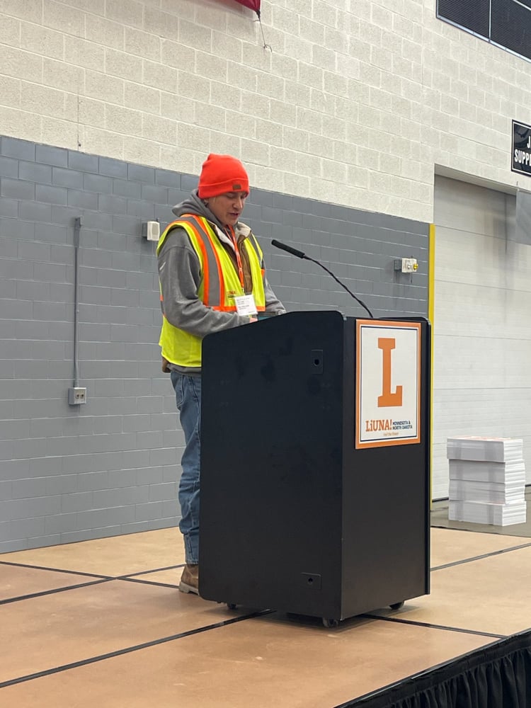 LIUNA member practicing testimony at podium during training